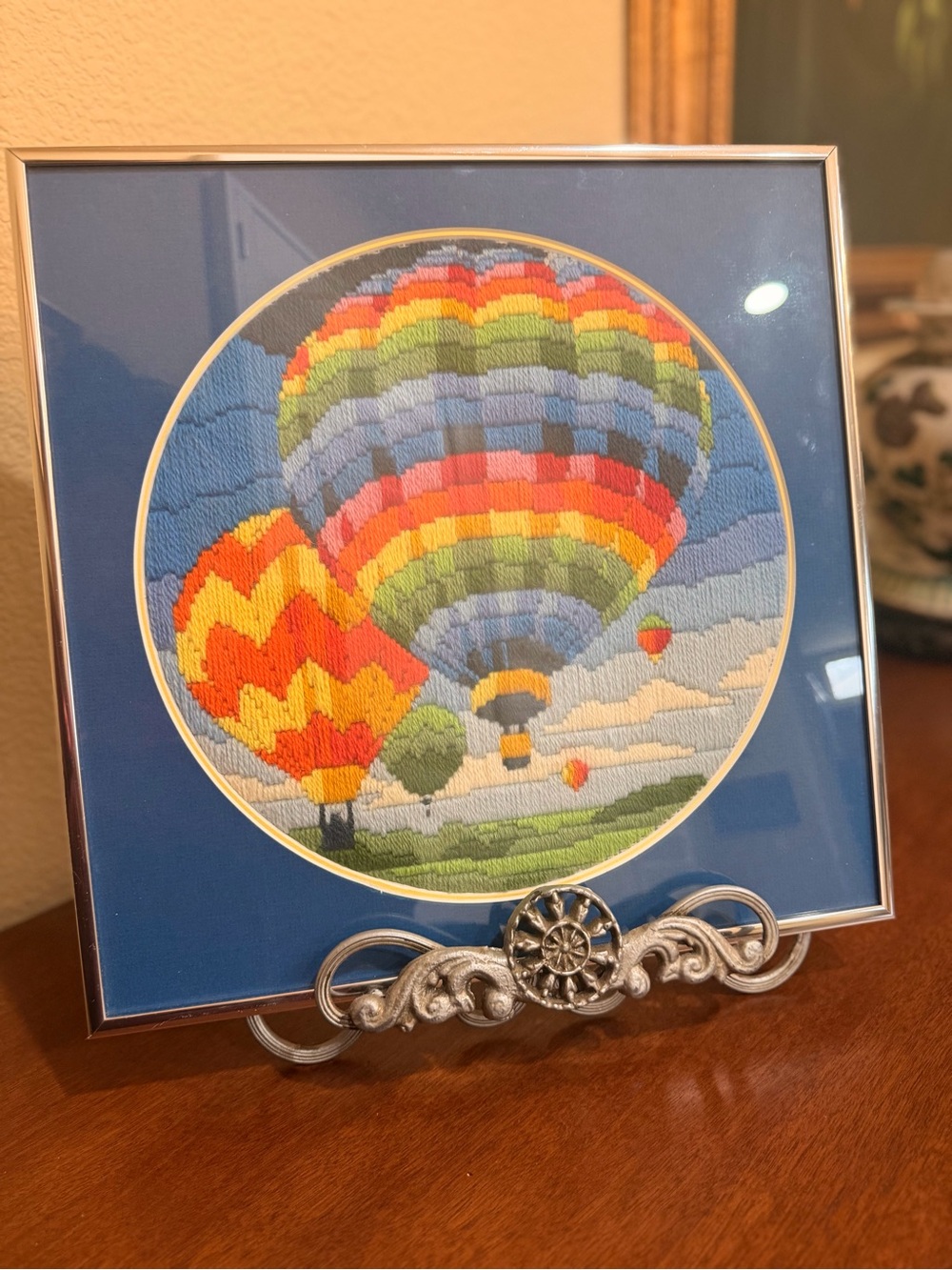 **VINTAGE** Whimsical Hot Air Balloon Needlepoint Framed & Matted